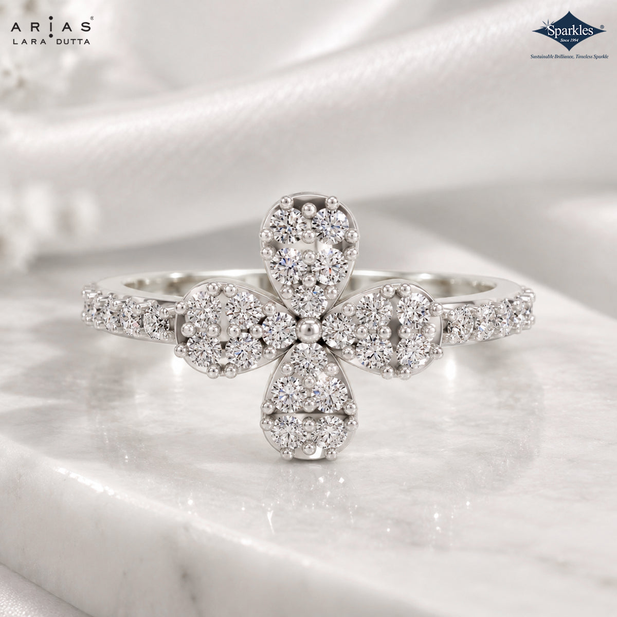 Arias by Lara Dutta Three Stone Floral Diamond Ring