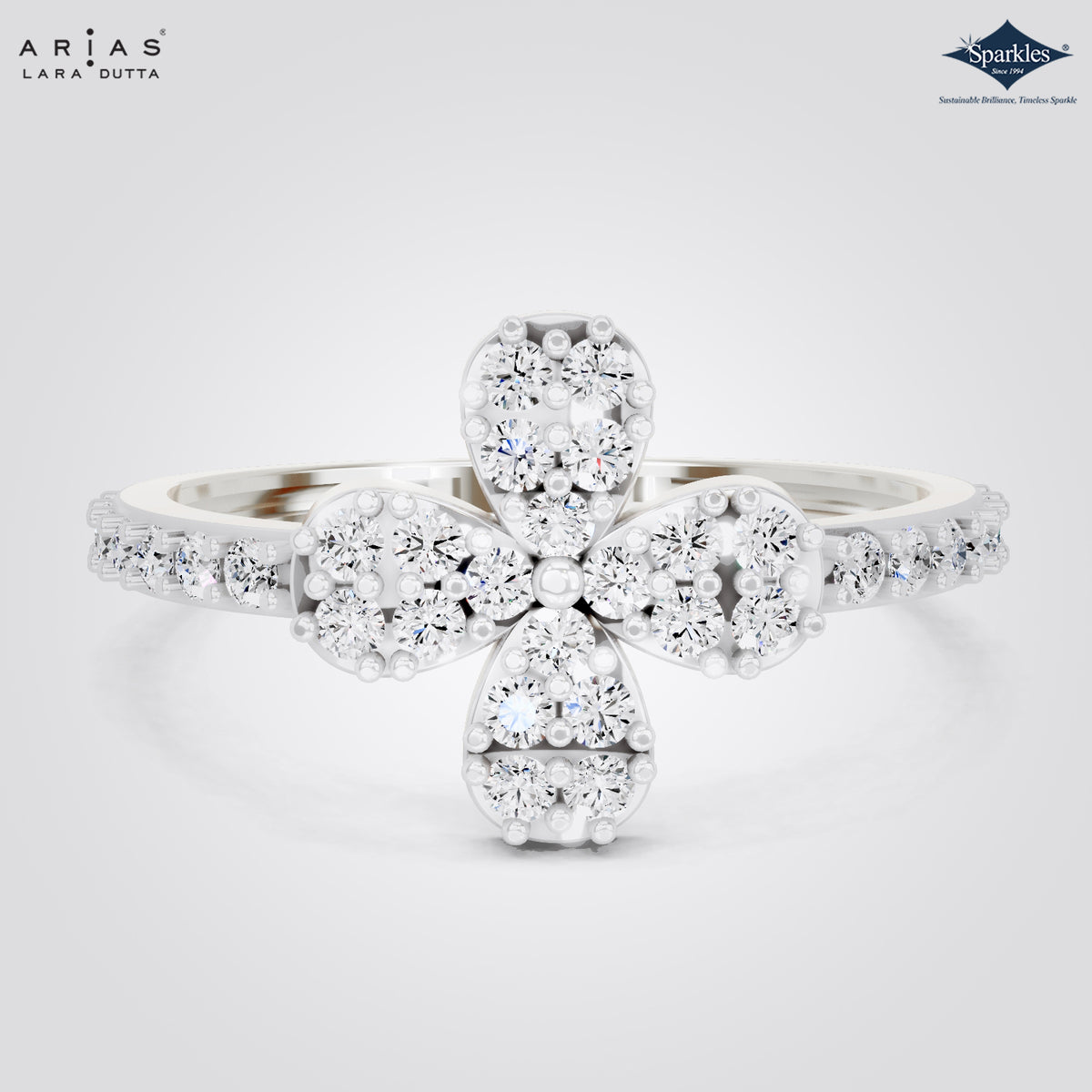 Arias by Lara Dutta Three Stone Floral Diamond Ring