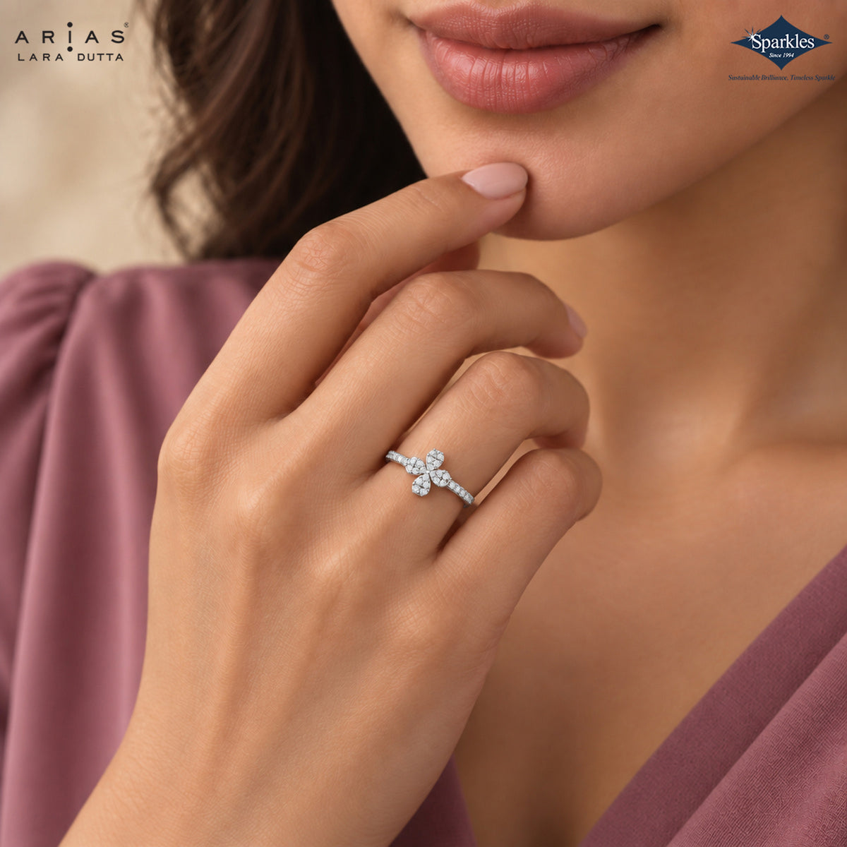 Arias by Lara Dutta Three Stone Floral Diamond Ring