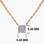 A rose gold necklace with a princess-cut clear gemstone pendant, shown with black dimension lines and text indicating a 5.40 MM height and 5.