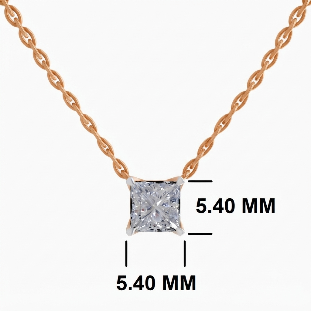 A rose gold necklace with a princess-cut clear gemstone pendant, shown with black dimension lines and text indicating a 5.40 MM height and 5.