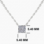 Silver princess-cut diamond necklace with dimension markings showing 5.40 mm height and width on a light gray background.