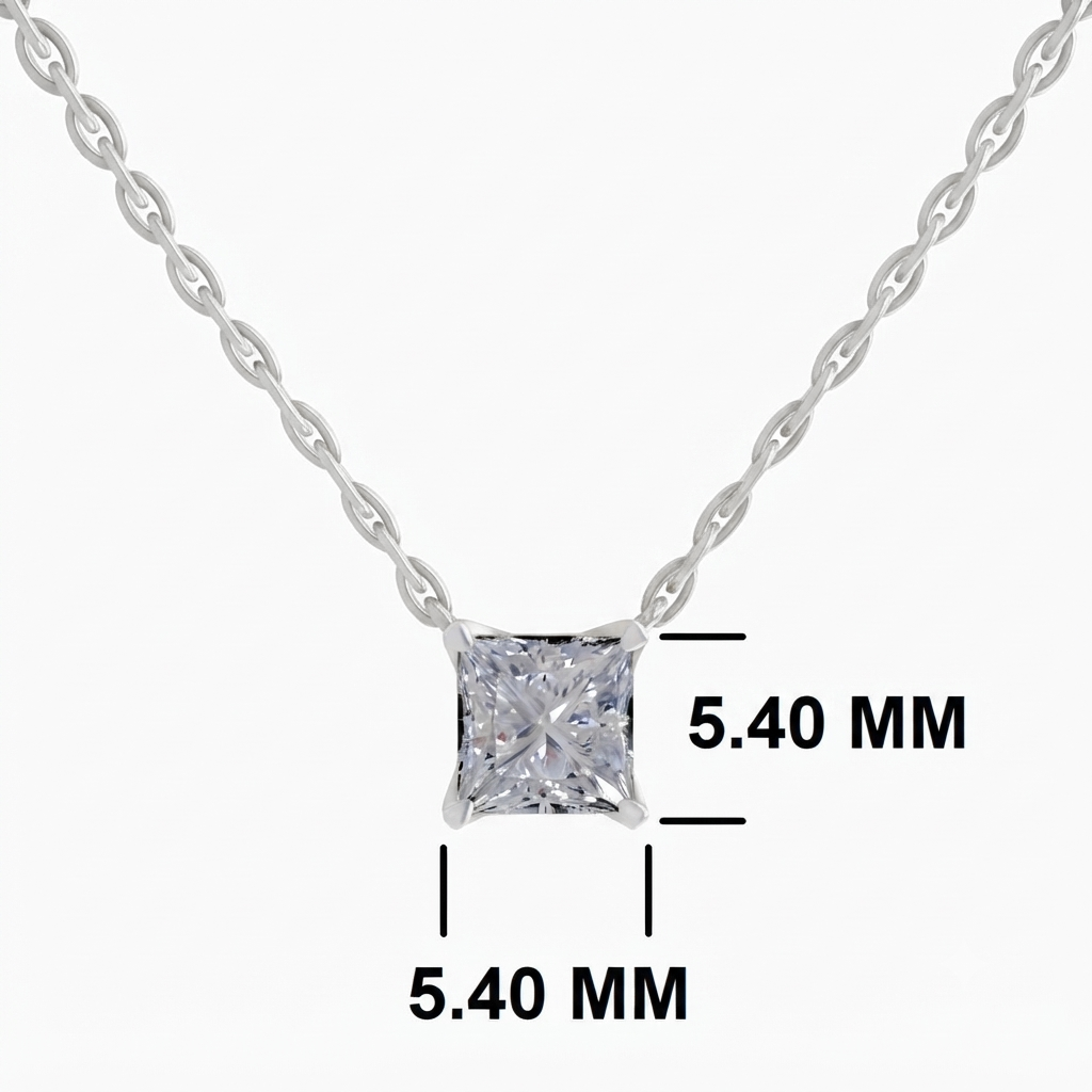 Silver princess-cut diamond necklace with dimension markings showing 5.40 mm height and width on a light gray background.