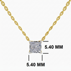 A gold chain necklace with a princess-cut clear gemstone pendant, shown with dimension lines and text indicating 5.40 MM on each side against a light gray background.
