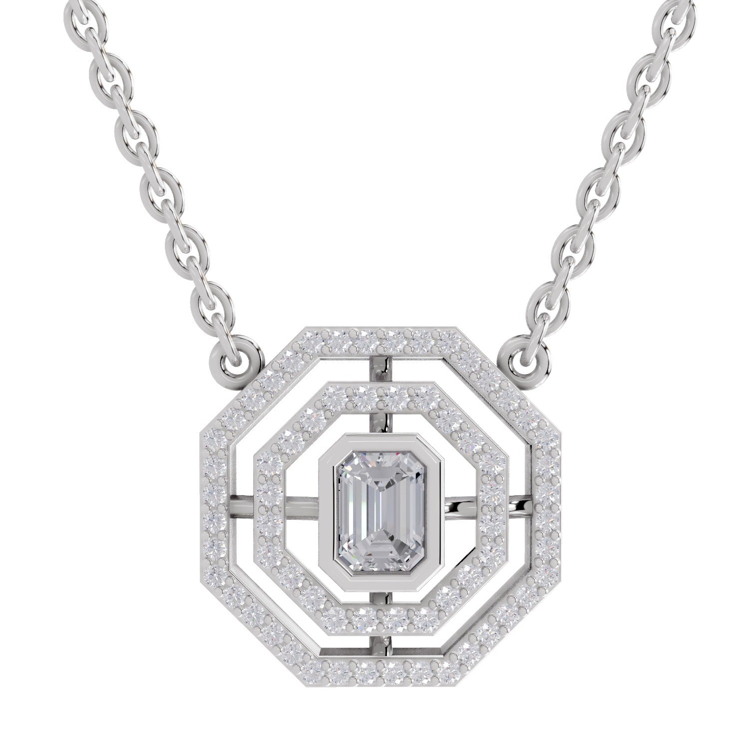 Brilliant Emerald-Cut Halo Diamond Necklace