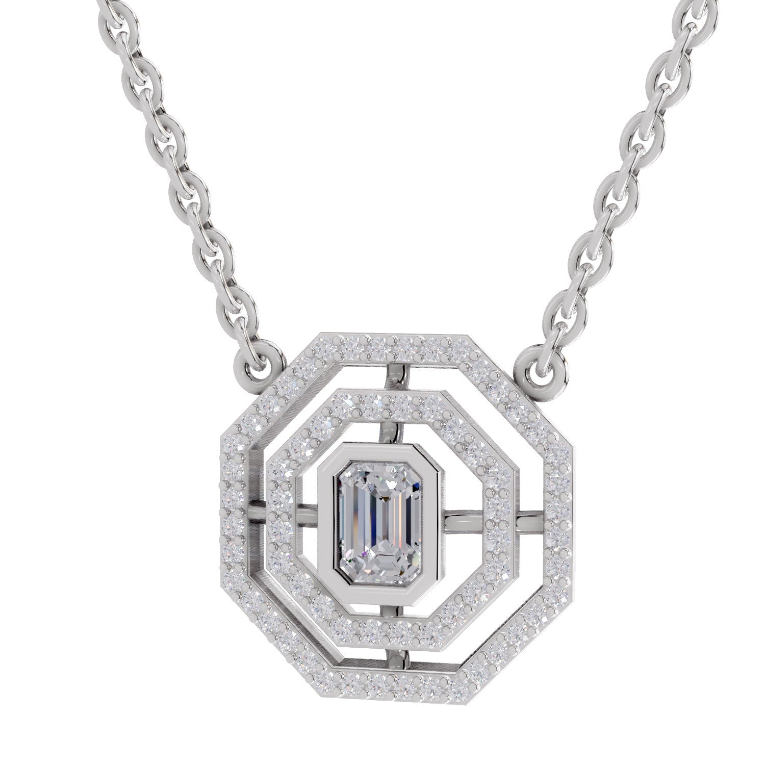 Brilliant Emerald-Cut Halo Diamond Necklace