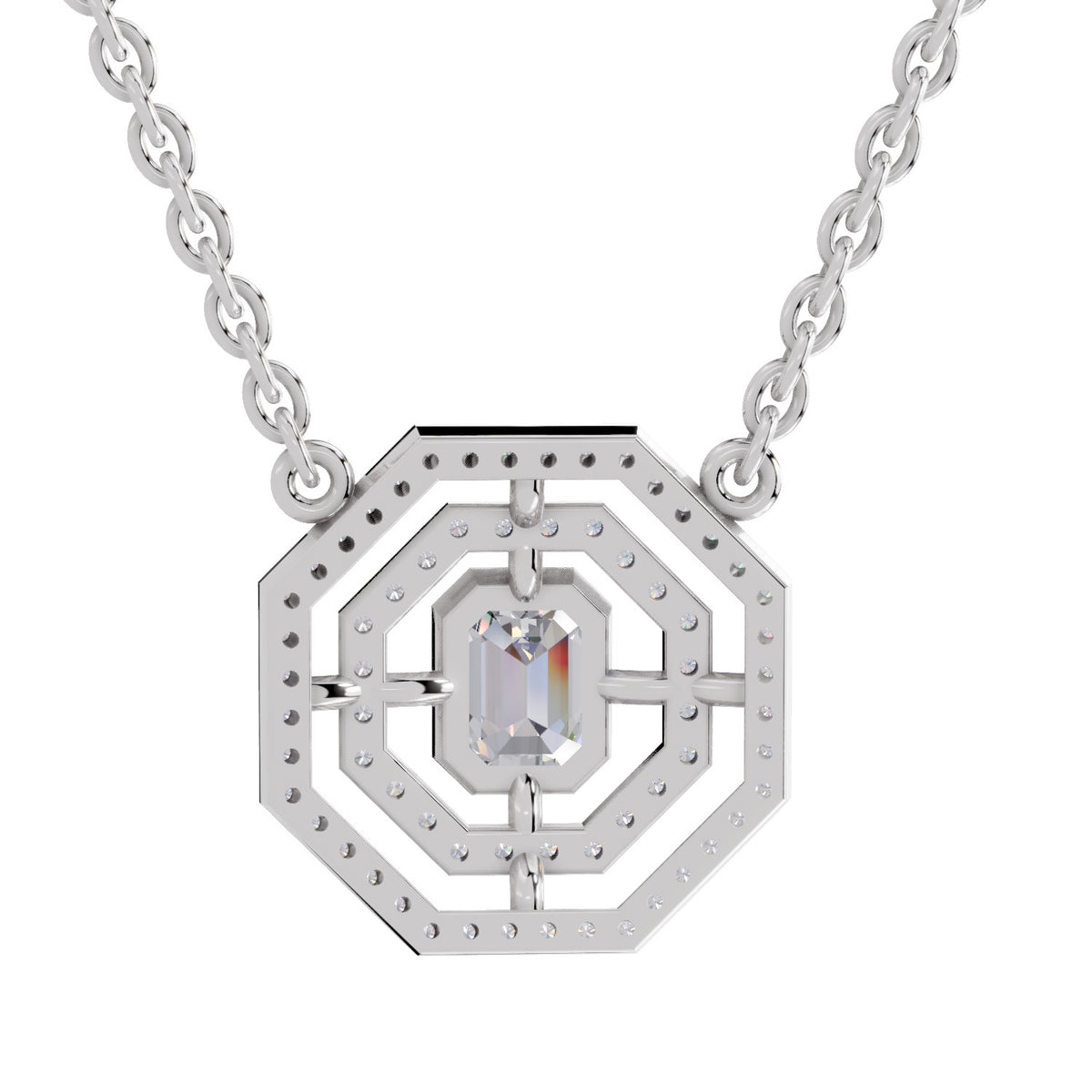 Brilliant Emerald-Cut Halo Diamond Necklace