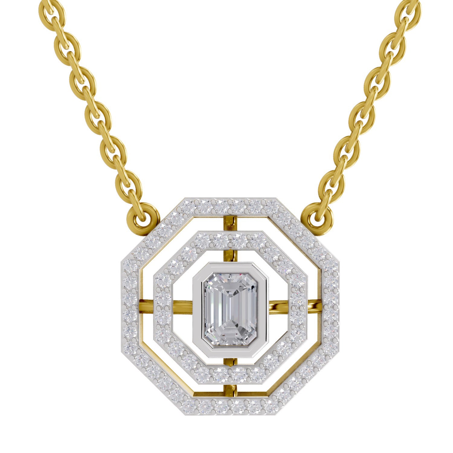 0.84 Carat Emerald Octagonal Halo Diamond Necklace 14K - Rose Gold
