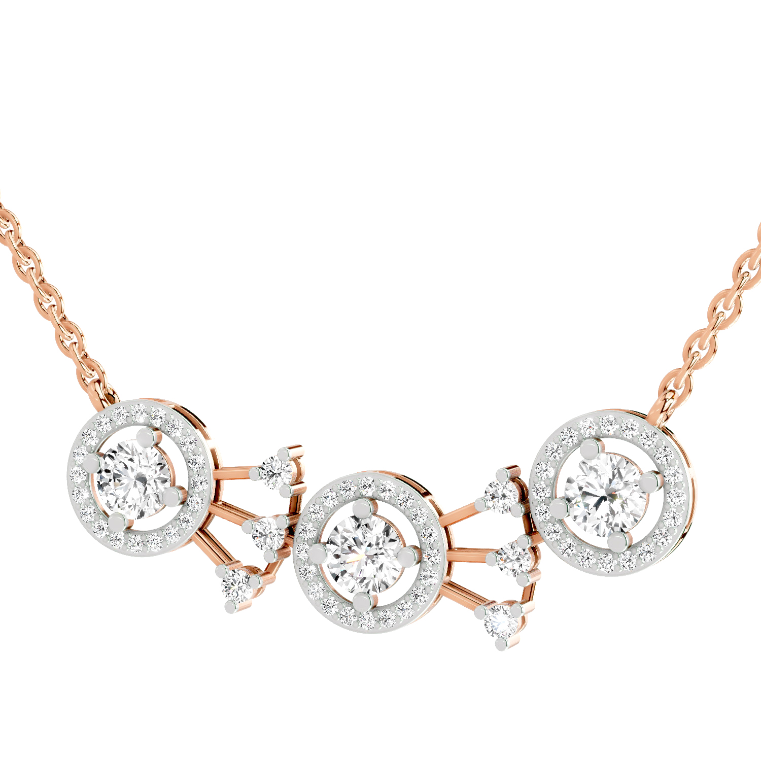 1.45 Carat Round Three-Stone Halo Pendant Necklace 14K - Rose Gold