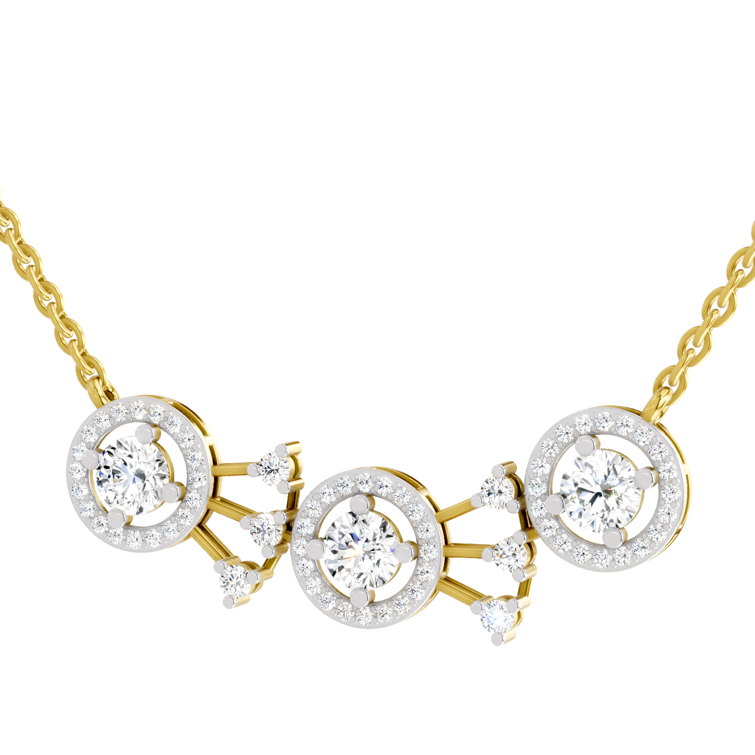 1.45 Carat Round Three-Stone Halo Pendant Necklace 14K