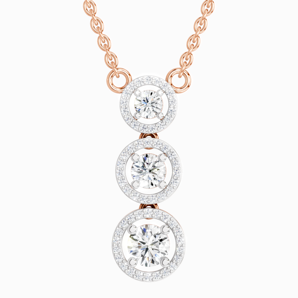 1.43 Carat Round Three Stone Halo Pendant Necklace 14K - Rose Gold