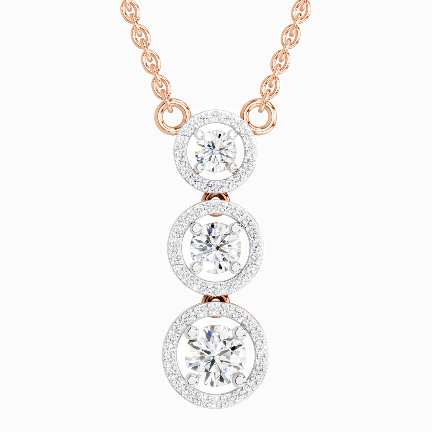 1.43 Carat Round Three Stone Halo Pendant Necklace 14K - Rose Gold