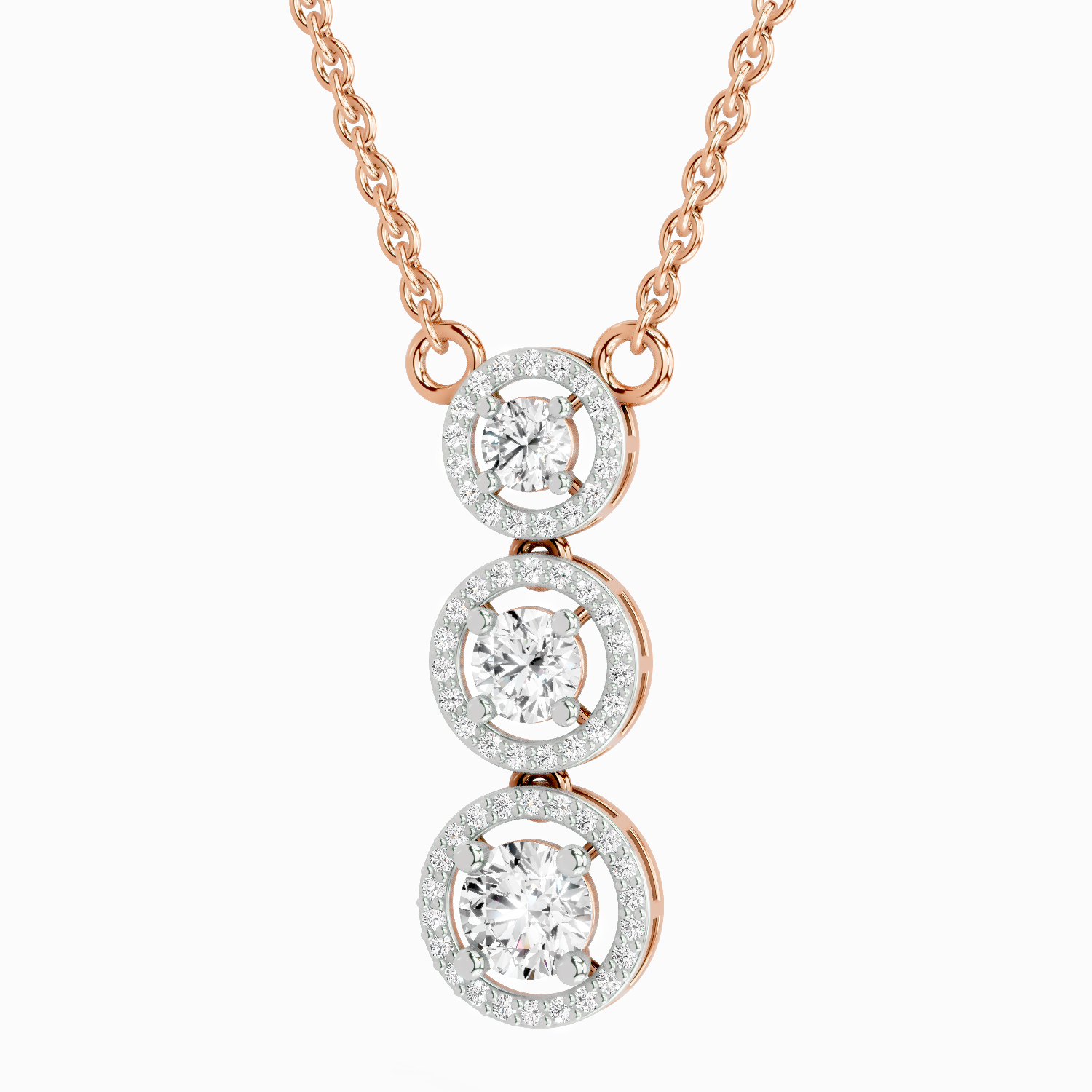 1.43 Carat Round Three Stone Halo Pendant Necklace 14K - Rose Gold