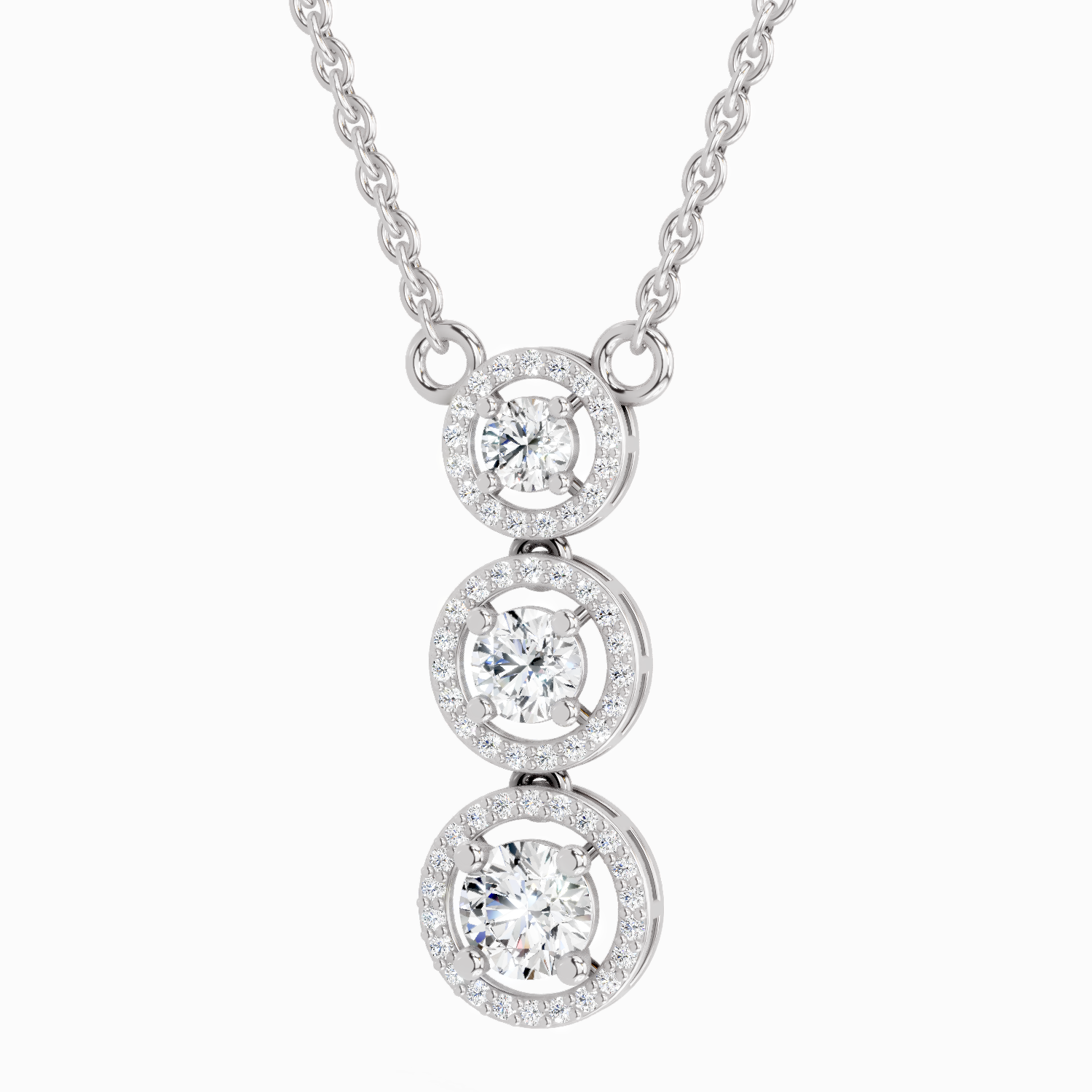 1.43 Carat Round Three Stone Halo Pendant Necklace 14K - White Gold