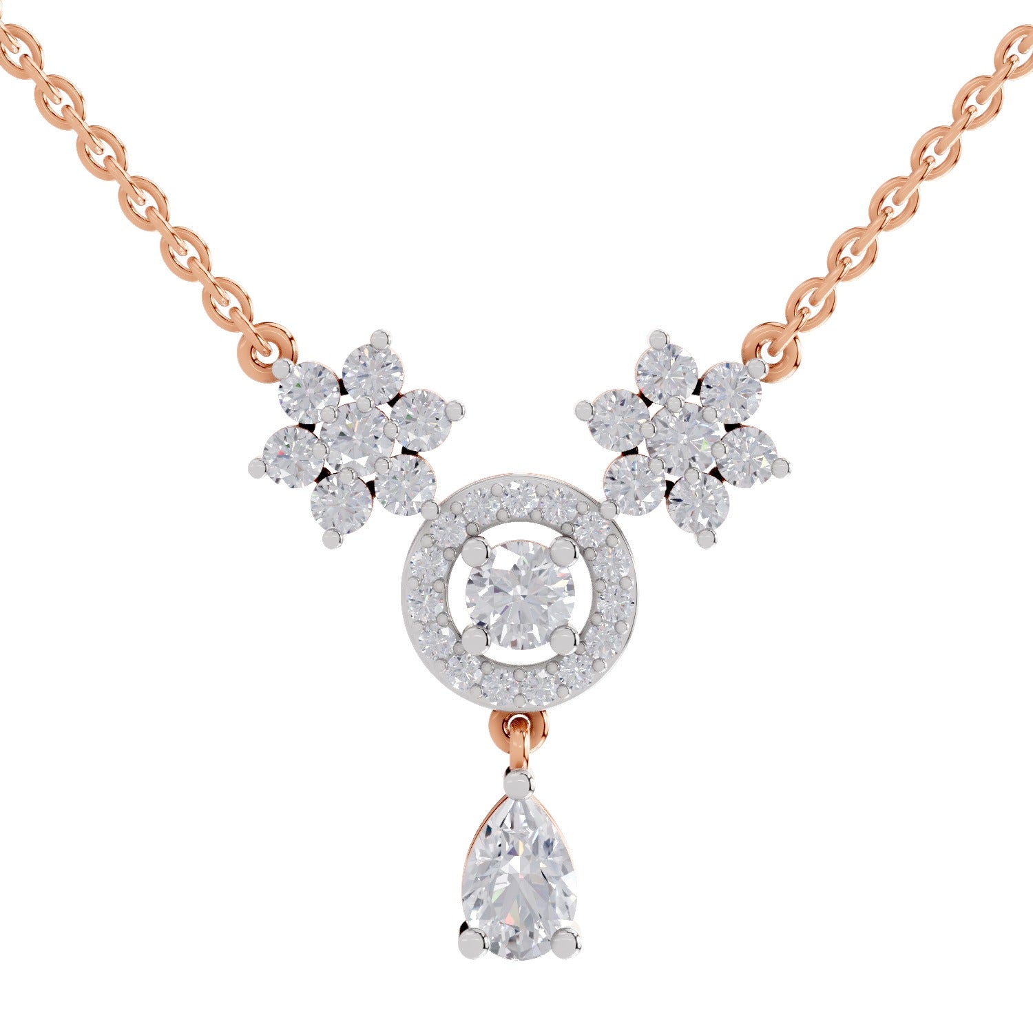 1.48 Carat Pear Floral Cluster Drop Diamond Necklace 14K - Rose Gold