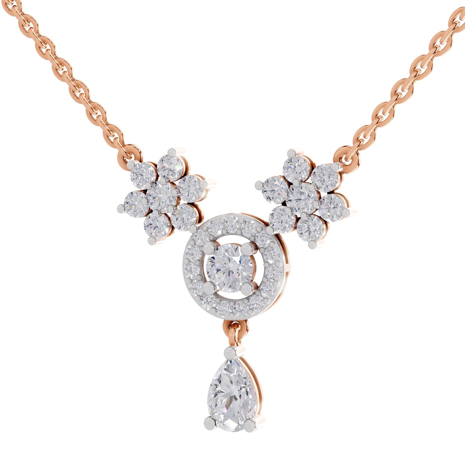 1.48 Carat Pear Floral Cluster Drop Diamond Necklace 14K - Rose Gold