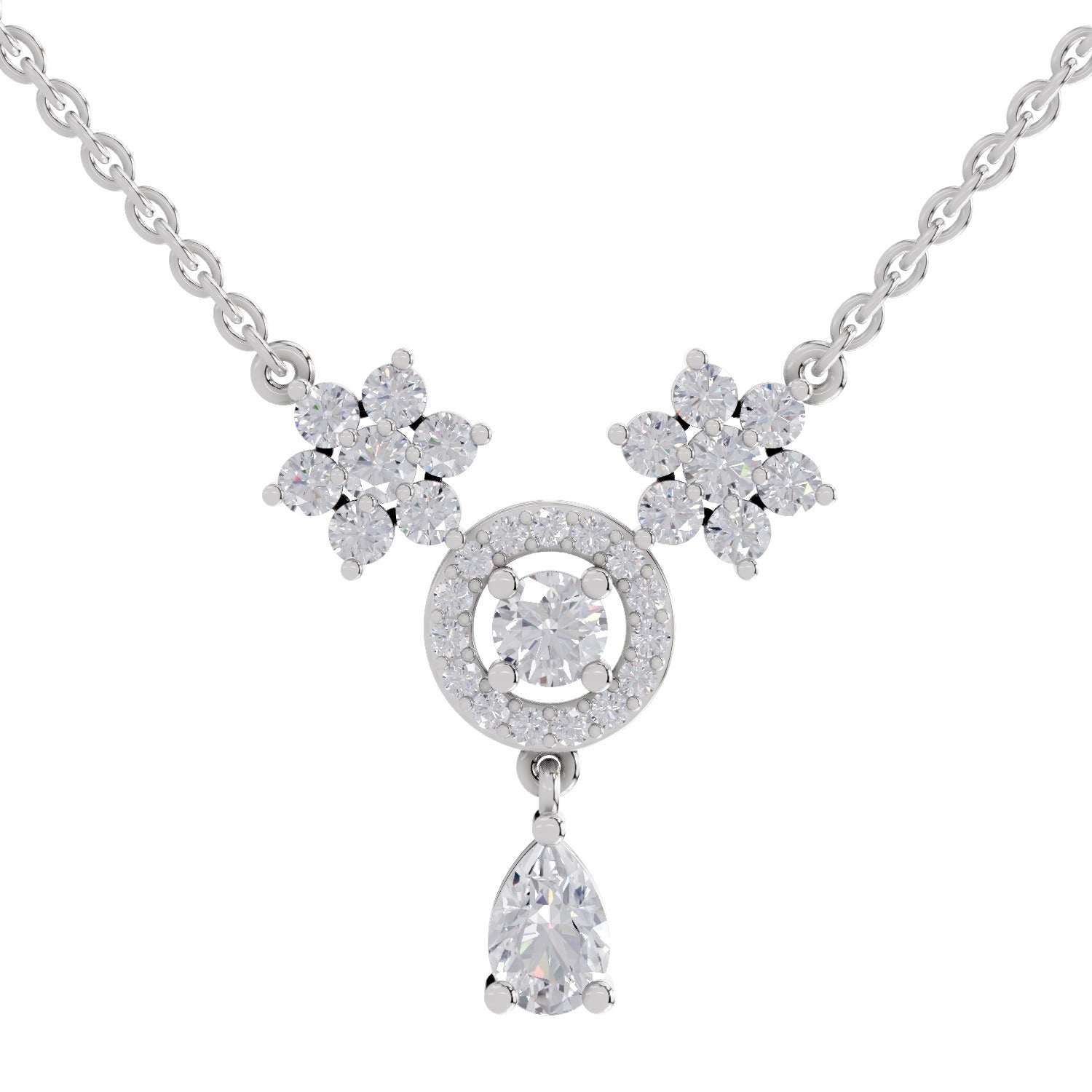 1.48 Carat Pear Floral Cluster Drop Diamond Necklace 14K - White Gold