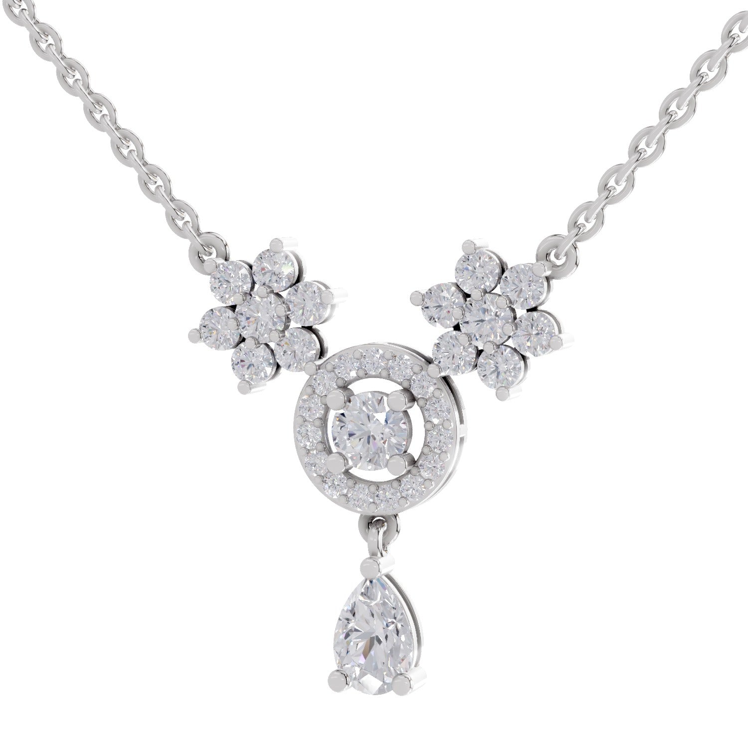 1.48 Carat Pear Floral Cluster Drop Diamond Necklace 14K - White Gold