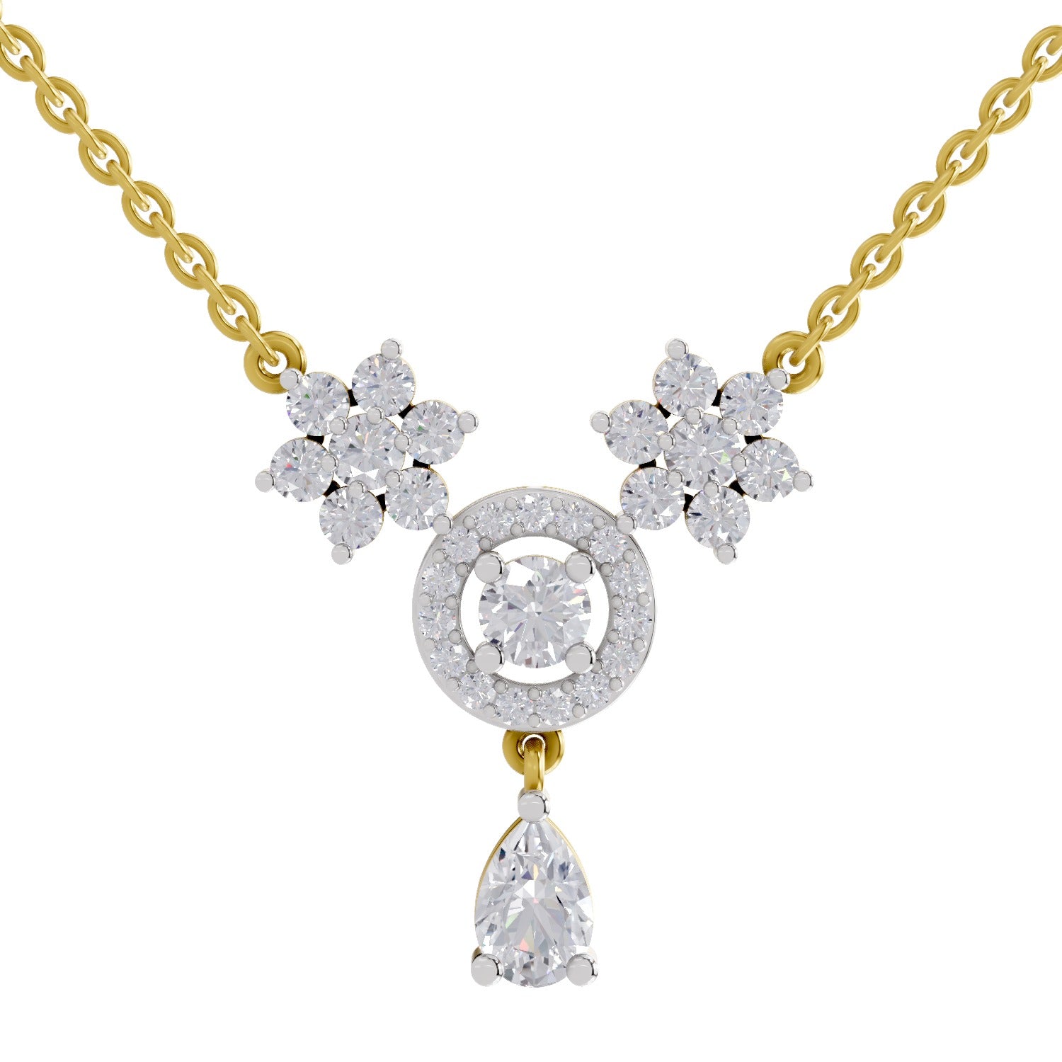 1.48 Carat Pear Floral Cluster Drop Diamond Necklace 14K