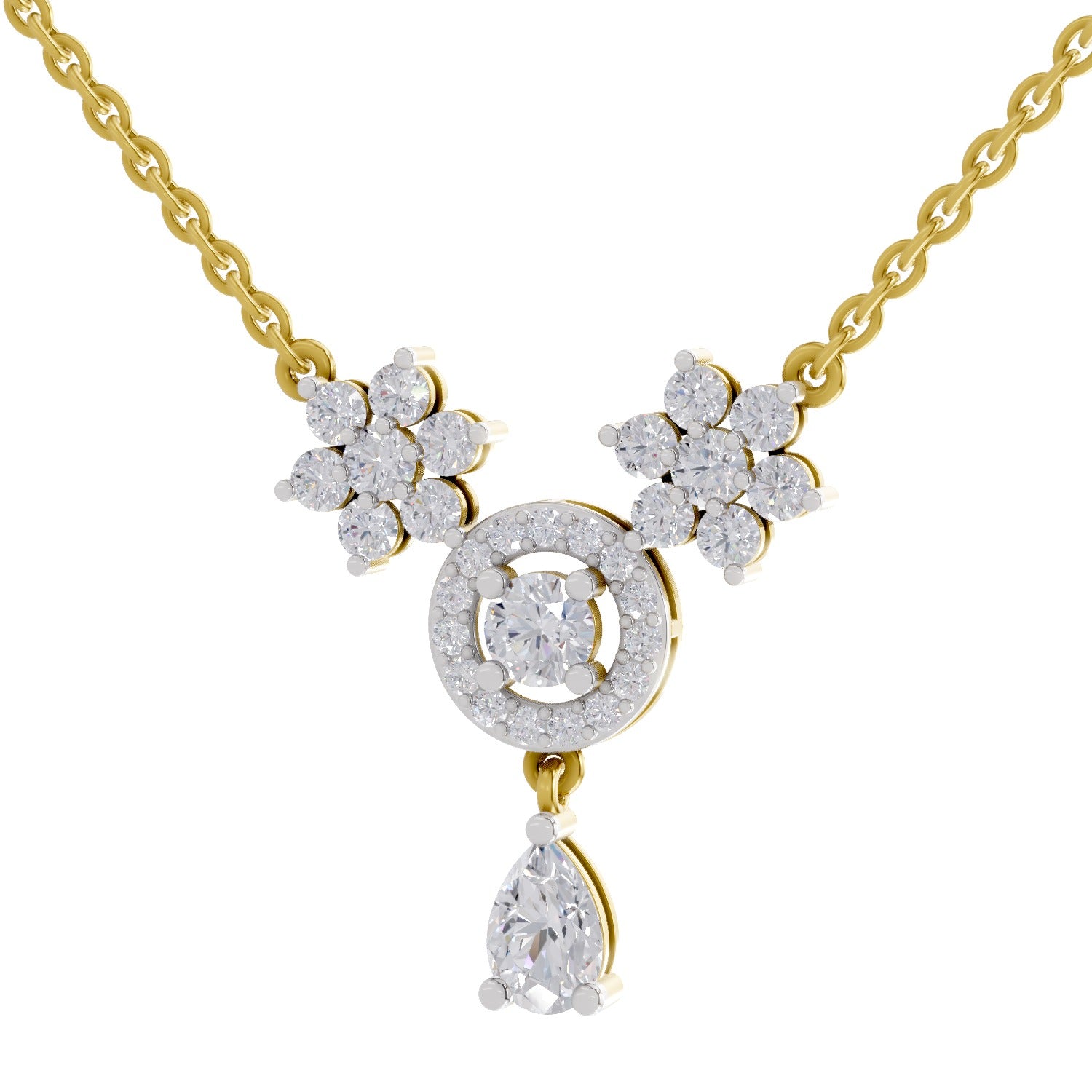 1.48 Carat Pear Floral Cluster Drop Diamond Necklace 14K