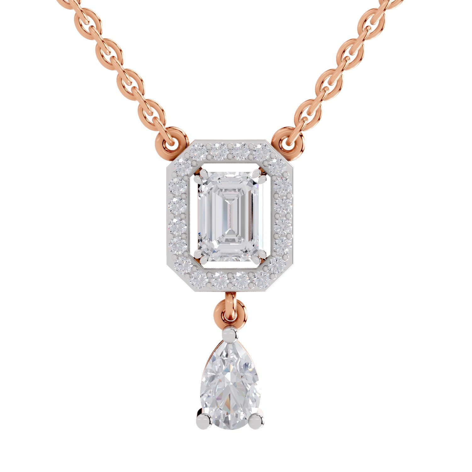 1.32 Carat Emerald Shape Halo Drop Diamond Necklace 14K - Rose Gold