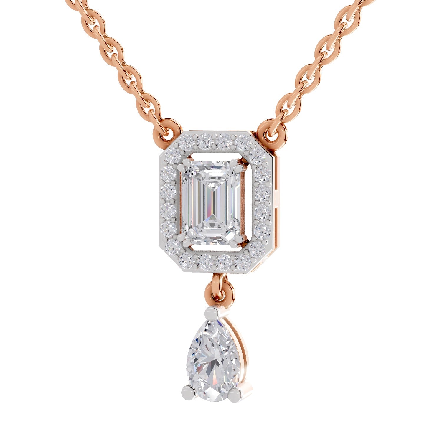 1.32 Carat Emerald Shape Halo Drop Diamond Necklace 14K - Rose Gold