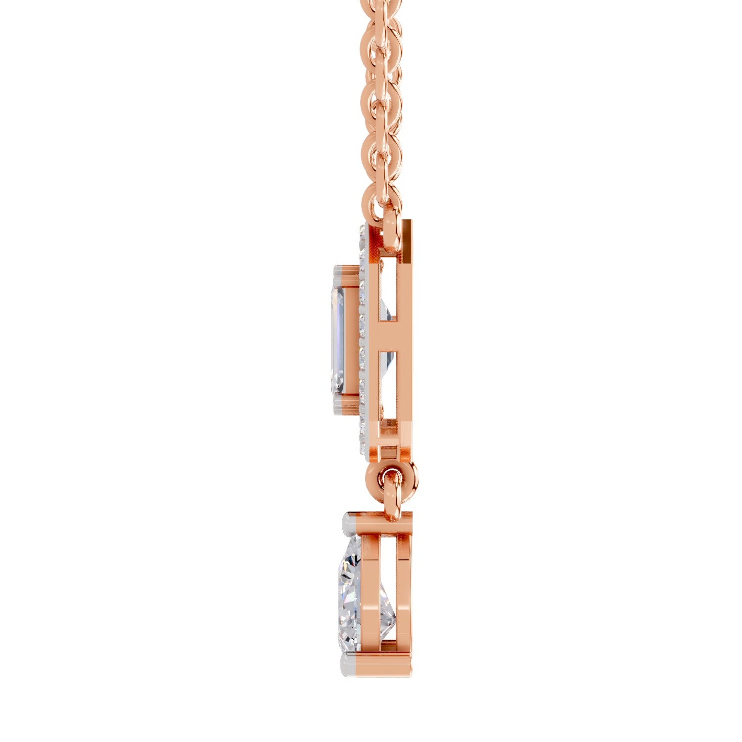 1.32 Carat Emerald Shape Halo Drop Diamond Necklace 14K - Rose Gold