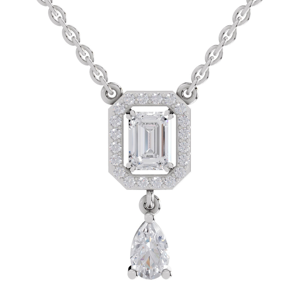 1.32 Carat Emerald Shape Halo Drop Diamond Necklace 14K - White Gold