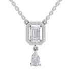 1.32 Carat Emerald Shape Halo Drop Diamond Necklace 14K - White Gold