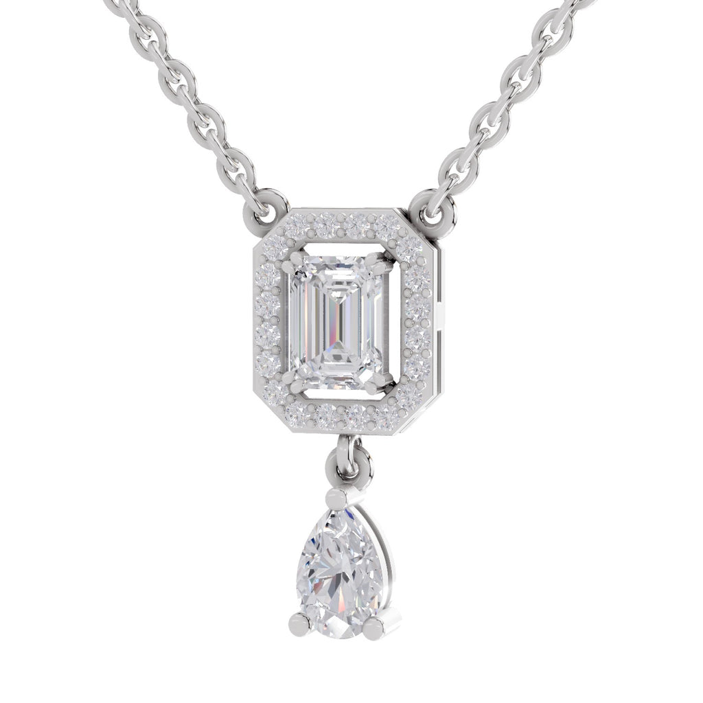 1.32 Carat Emerald Shape Halo Drop Diamond Necklace 14K - White Gold