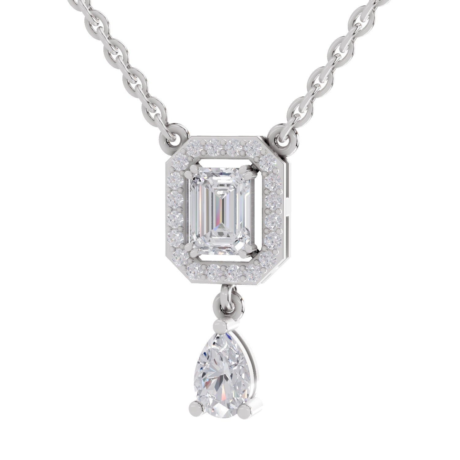 1.32 Carat Emerald Shape Halo Drop Diamond Necklace 14K - White Gold