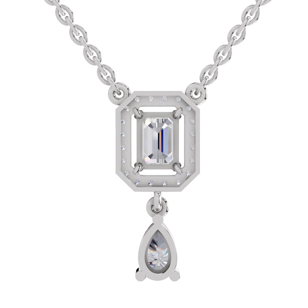 1.32 Carat Emerald Shape Halo Drop Diamond Necklace 14K - White Gold