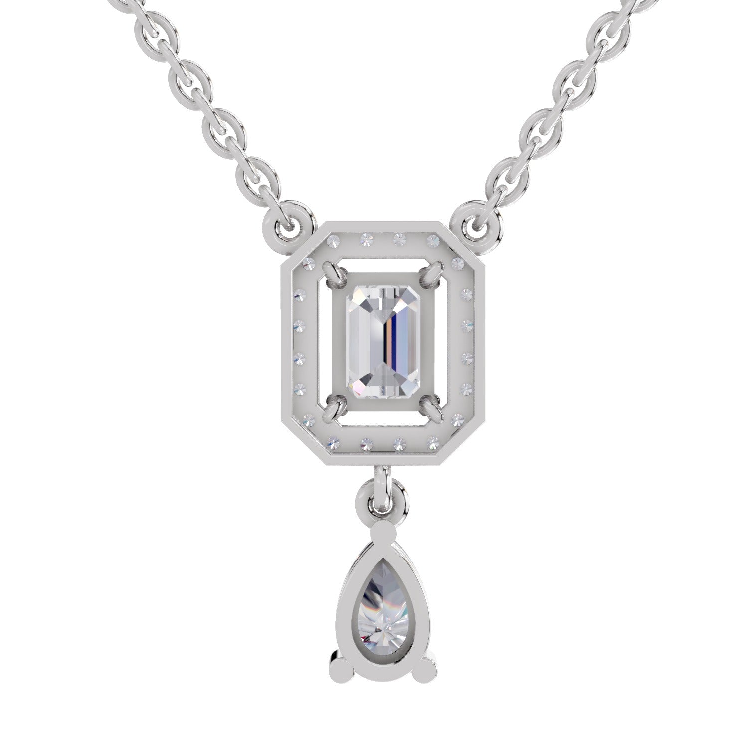 1.32 Carat Emerald Shape Halo Drop Diamond Necklace 14K - White Gold
