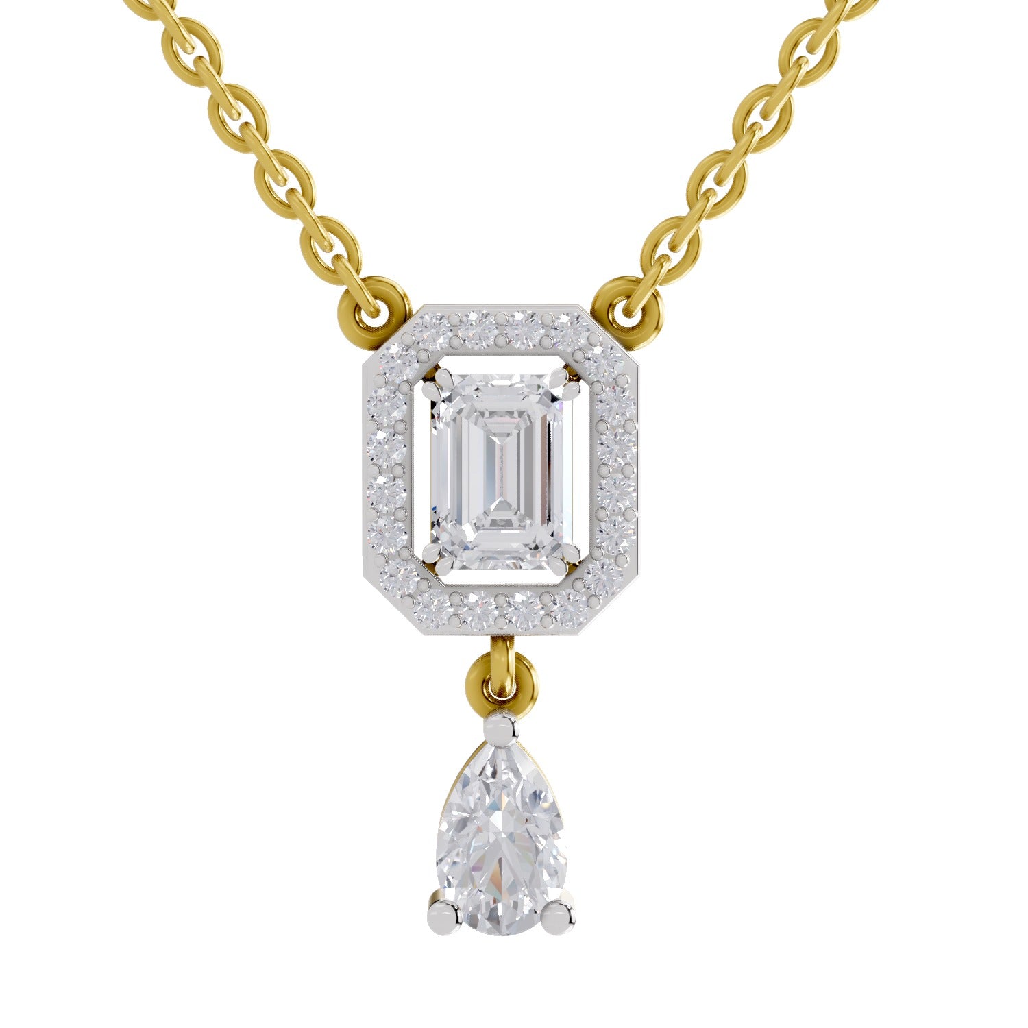 1.32 Carat Emerald Shape Halo Drop Diamond Necklace 14K