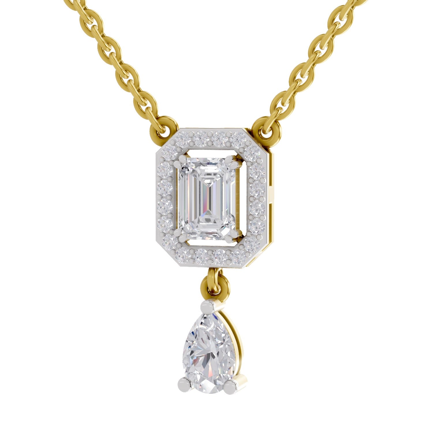 1.32 Carat Emerald Shape Halo Drop Diamond Necklace 14K