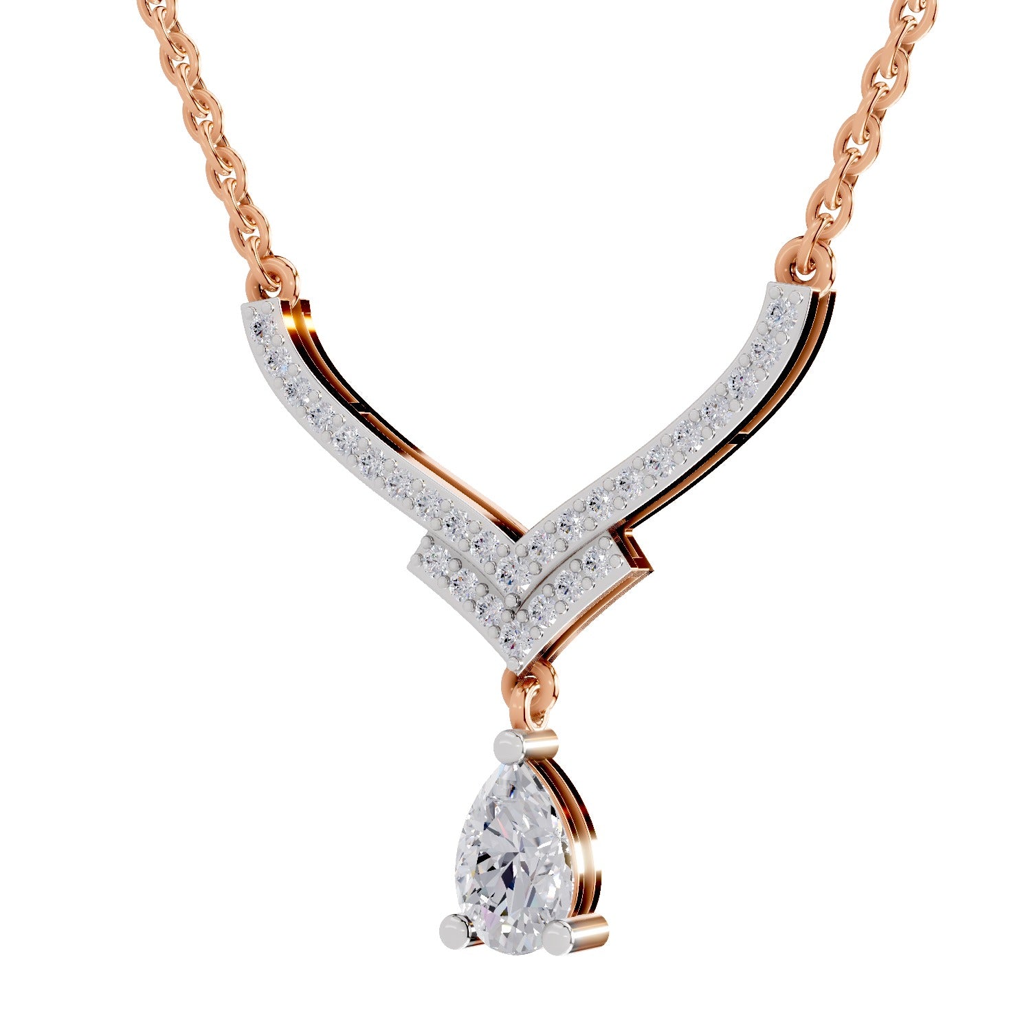 0.99 Carat Pear V-Shape Diamond Necklace with Drop 14K - Rose Gold