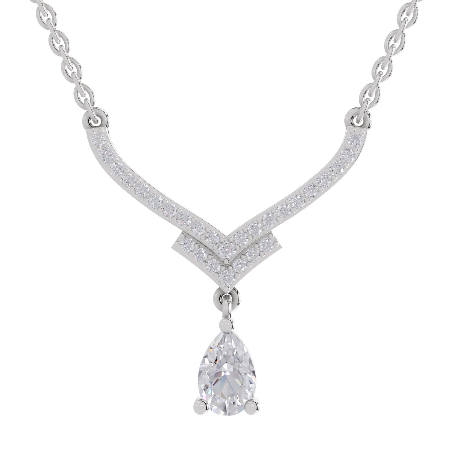 0.99 Carat Pear V-Shape Diamond Necklace with Drop 14K - White Gold
