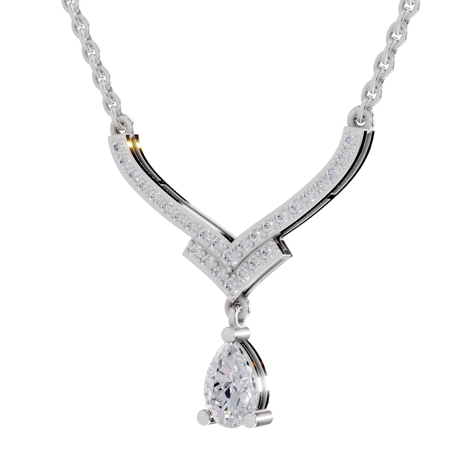 0.99 Carat Pear V-Shape Diamond Necklace with Drop 14K - White Gold