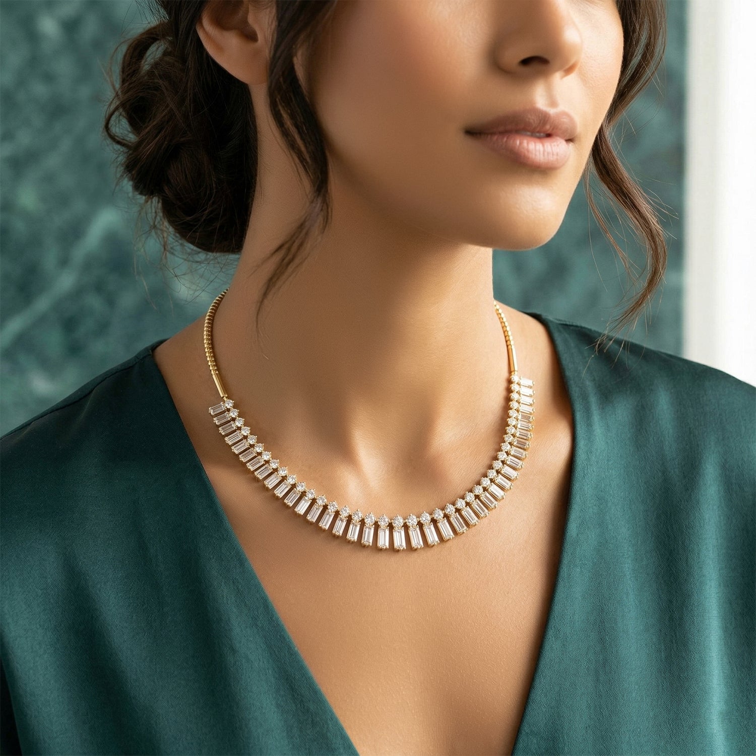 15.47 Carat 14K Gold Regal Baguette Bloom Necklace