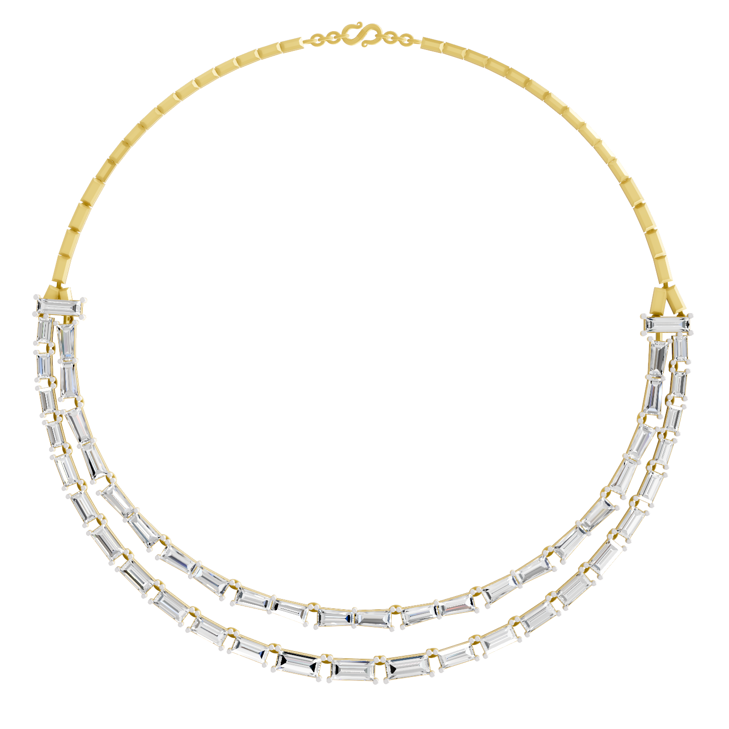 26.41 Carat 14K Gold Elegant Multi-Row Baguette Necklace