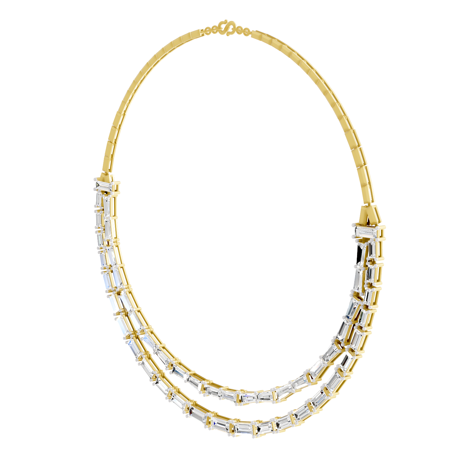 26.41 Carat 14K Gold Elegant Multi-Row Baguette Necklace