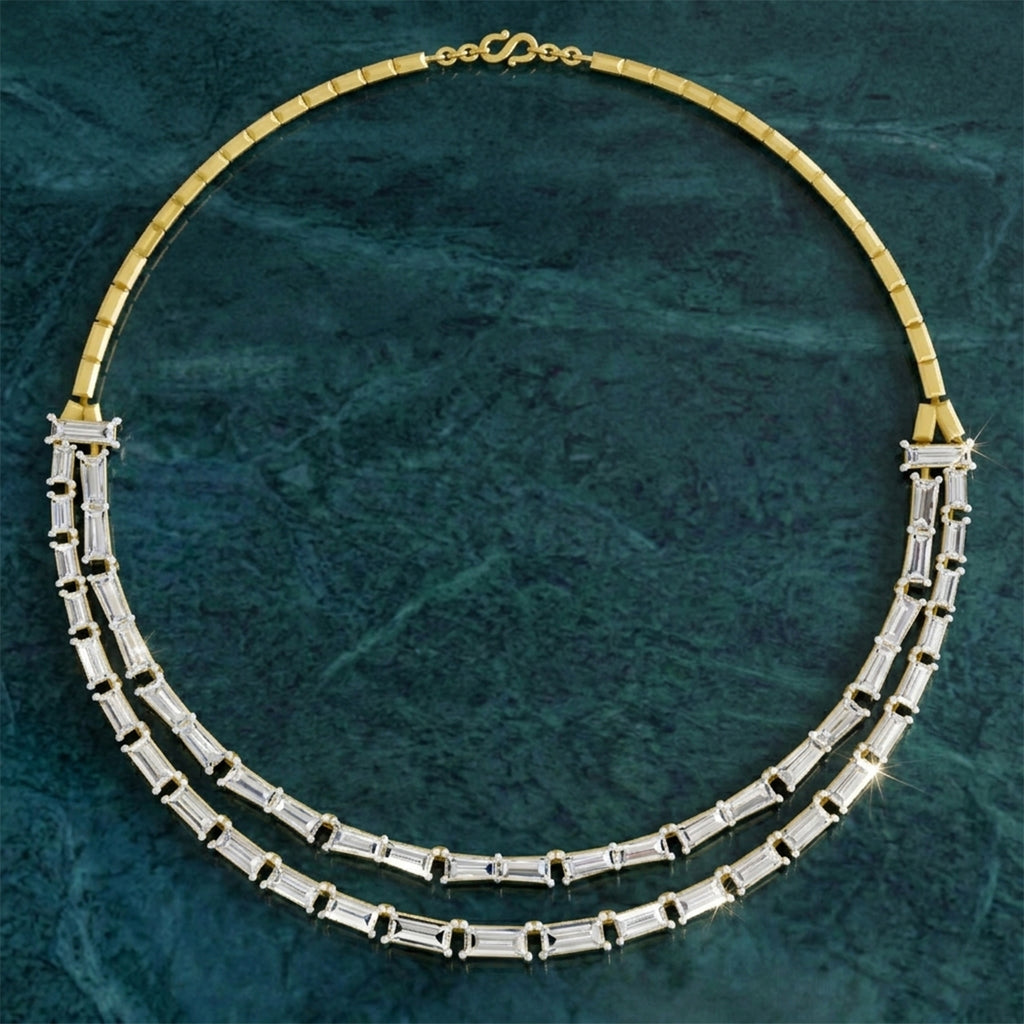 26.41 Carat 14K Gold Elegant Multi-Row Baguette Necklace
