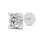 A single solitaire diamond stud earring in a four-prong setting with a polished silver-tone post and flat round back, shown on a clean white background.