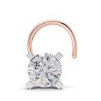 A solitaire diamond ring featuring a round brilliant-cut diamond set in a silver-colored four-prong setting, suspended from a curved rose gold band, shown on a clean white background.