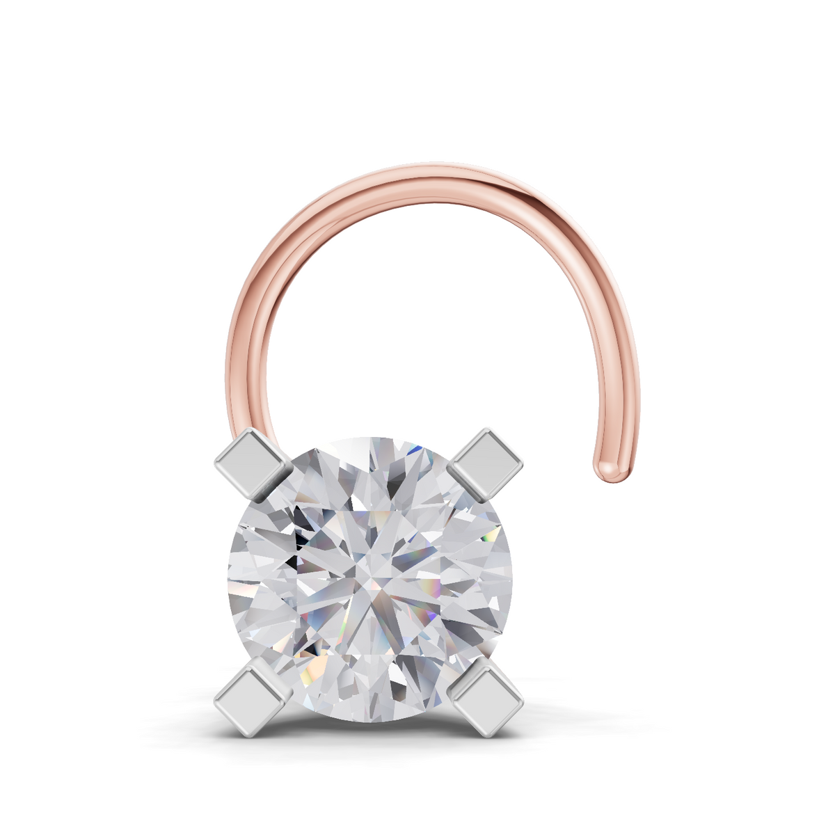 A solitaire diamond ring featuring a round brilliant-cut diamond set in a silver-colored four-prong setting, suspended from a curved rose gold band, shown on a clean white background.