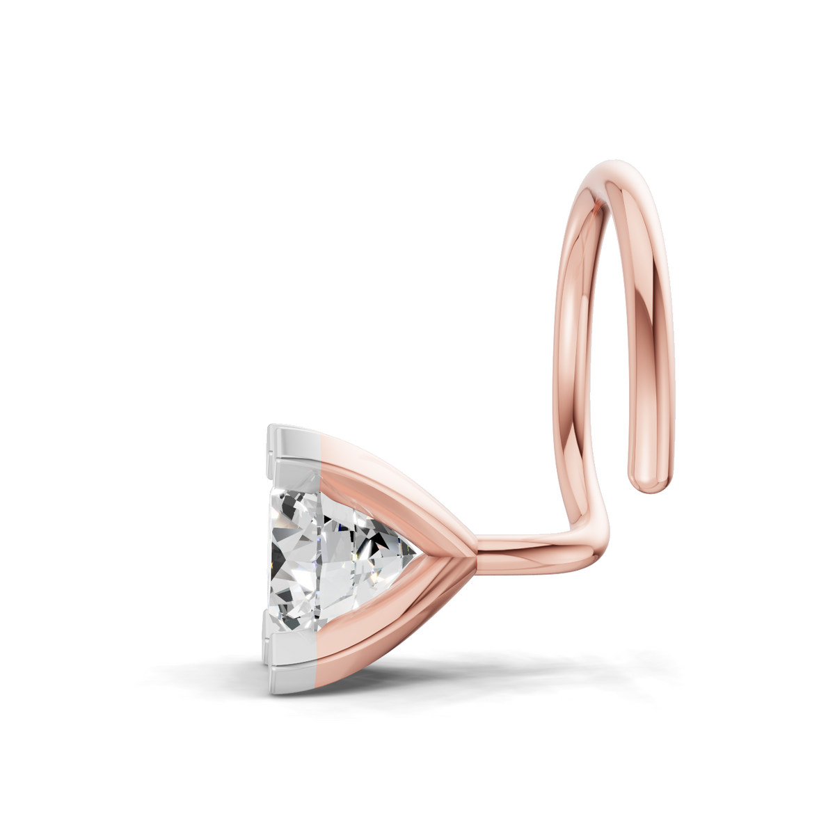 A triangular stud earring featuring a clear faceted gemstone in a rose gold and silver-tone setting, shown on a clean white background.