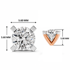 Rose gold diamond nose pin dimension diagram showing top and side measurements of 5.60 mm by 5.60 mm face and 5.00 mm profile height