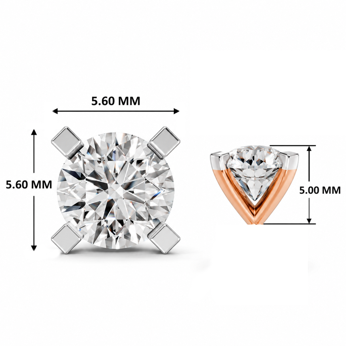 Rose gold diamond nose pin dimension diagram showing top and side measurements of 5.60 mm by 5.60 mm face and 5.00 mm profile height