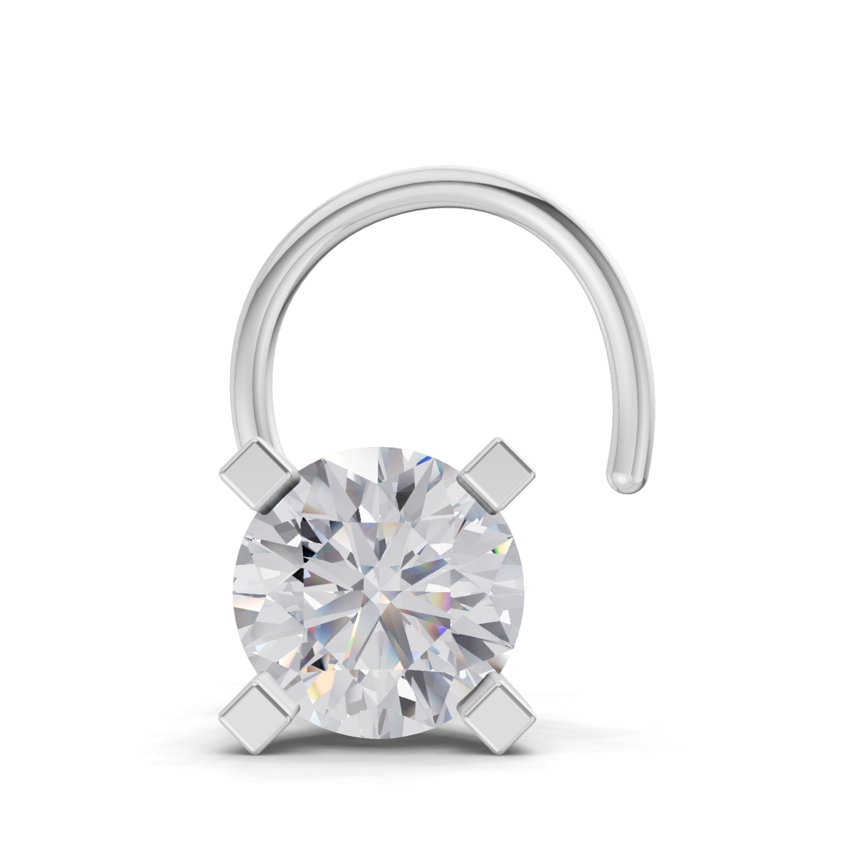 A solitaire diamond nose stud featuring a round brilliant-cut diamond set in a silver-colored four-prong setting, suspended from a curved silver nose hoop against a white background.