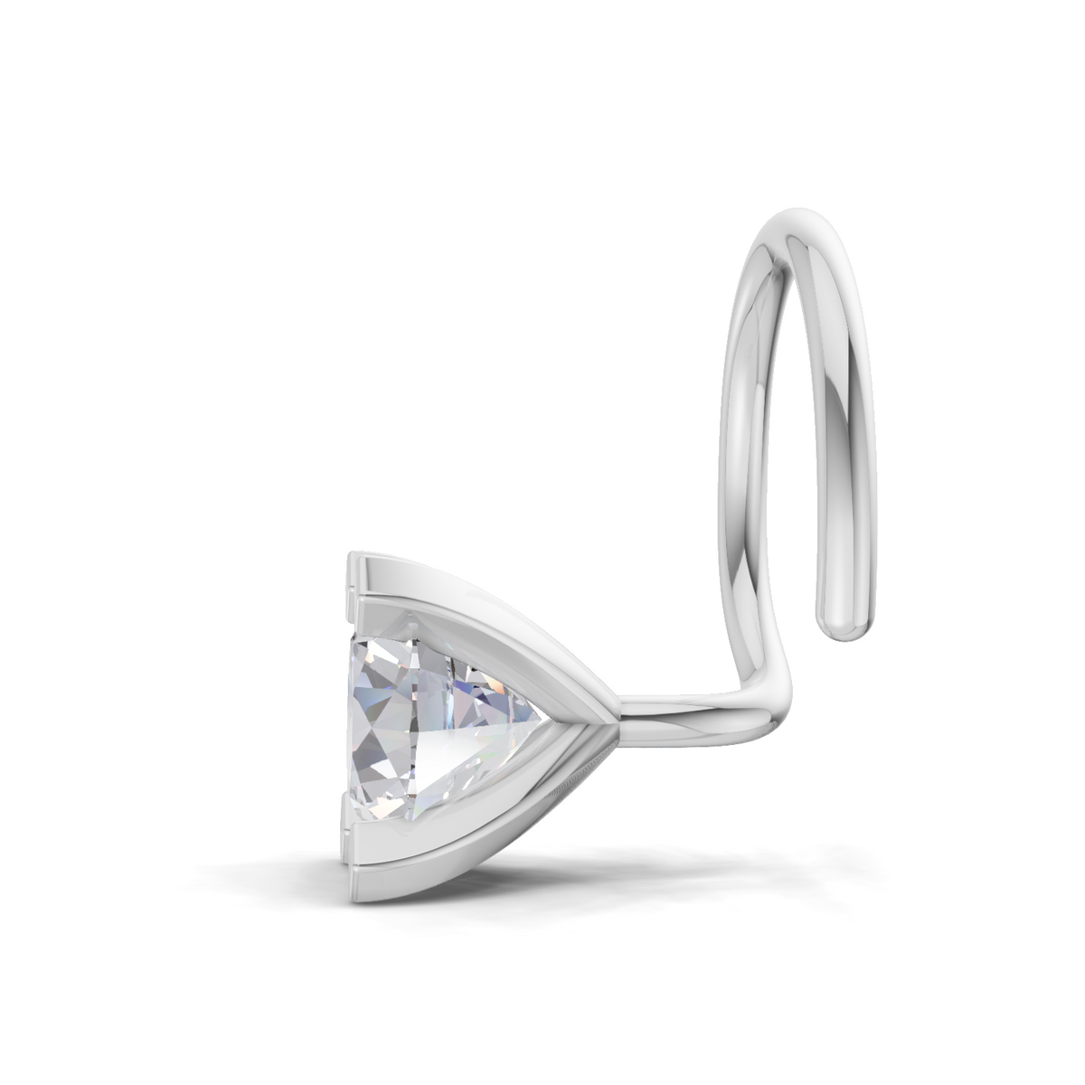 A silver-toned ear cuff ring featuring a triangular bezel-set clear gemstone, shown on a clean white background.